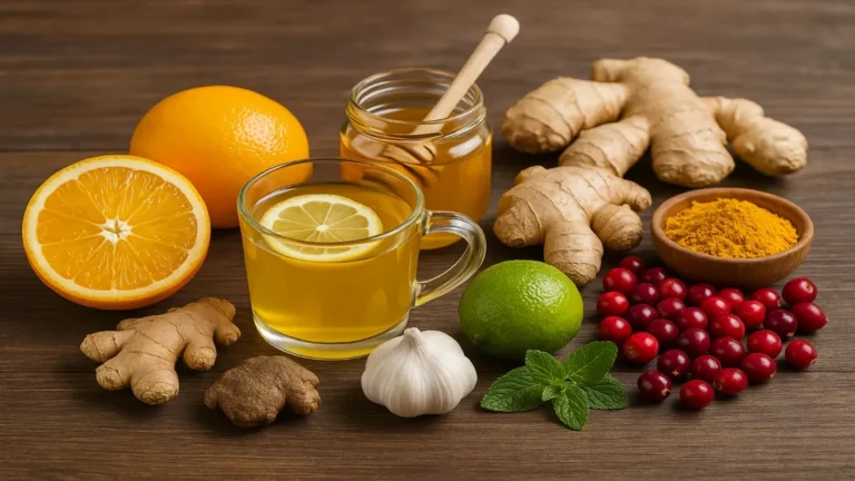 natural immunity-boosting remedies including herbs, fruits, and teas on a wooden table in natural light