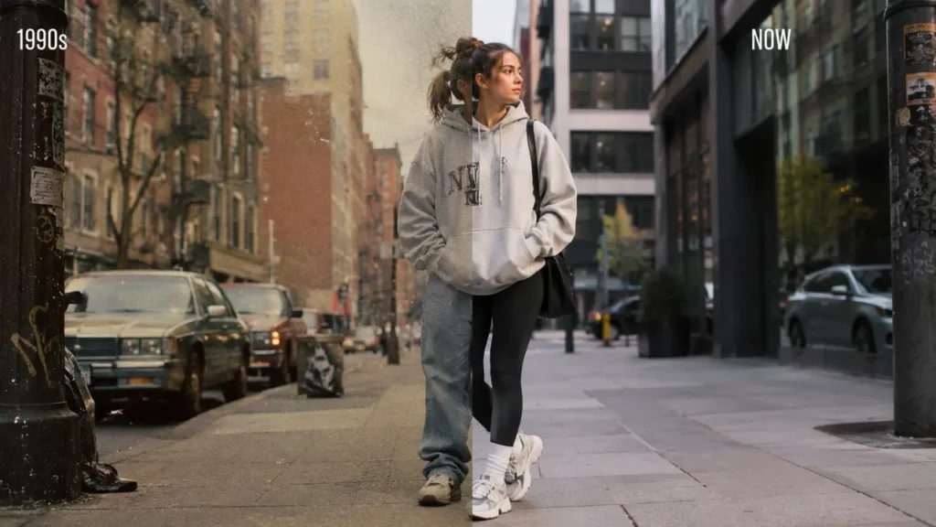 Split-screen showing a 90s baggy hoodie outfit beside a modern hoodie look