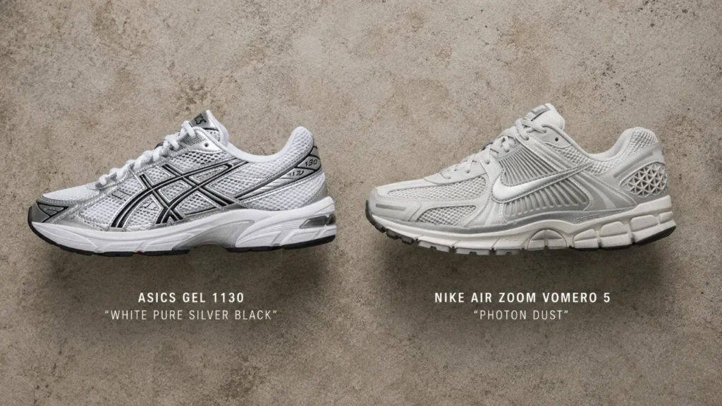 ASICS Gel 1130 and Nike Air Zoom Vomero 5 sneakers side by side on a neutral textured background