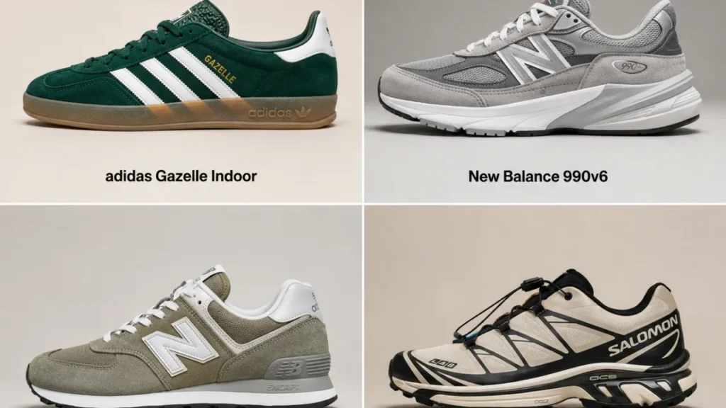 Grid collage featuring adidas Gazelle Indoor, New Balance 990v6, New Balance 574, and Salomon XT-6 sneakers