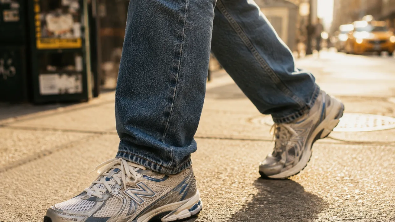 Faded silver and blue retro running sneakers worn with straight-leg jeans on a sunlit city sidewalk