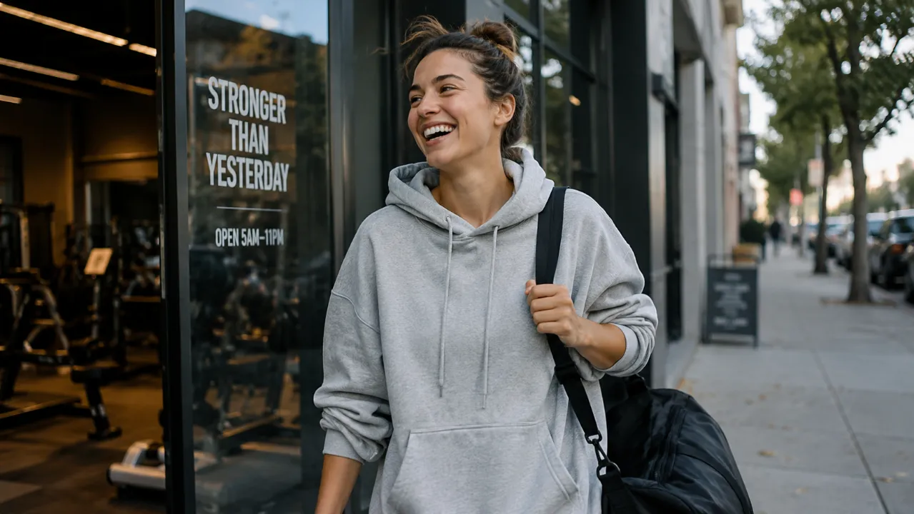 Woman leaving a gym in an oversized gray hoodie with a black gym bag