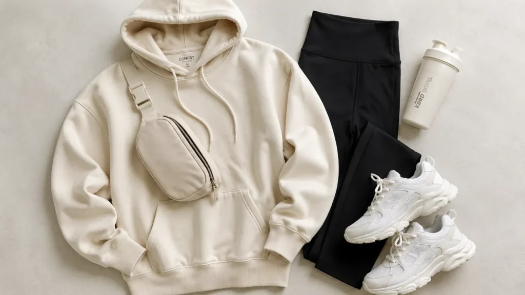 Cream oversized hoodie with black leggings, white sneakers, and a crossbody bag