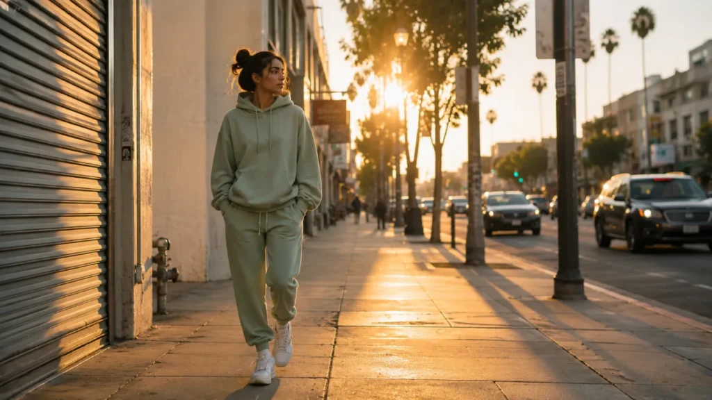 Woman walking downtown at golden hour in a sage-green hoodie and matching joggers