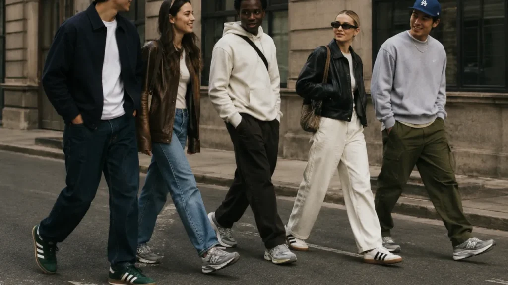 Diverse group walking together on a city street wearing different retro sneaker styles